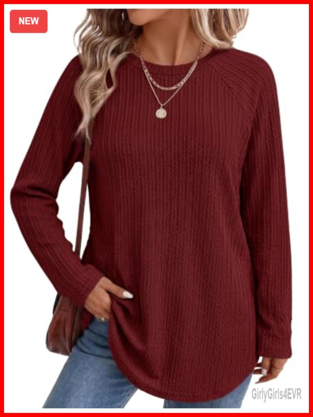 Women's Textured Tunic Top Long Sleeve Crew Neck Curved Hem